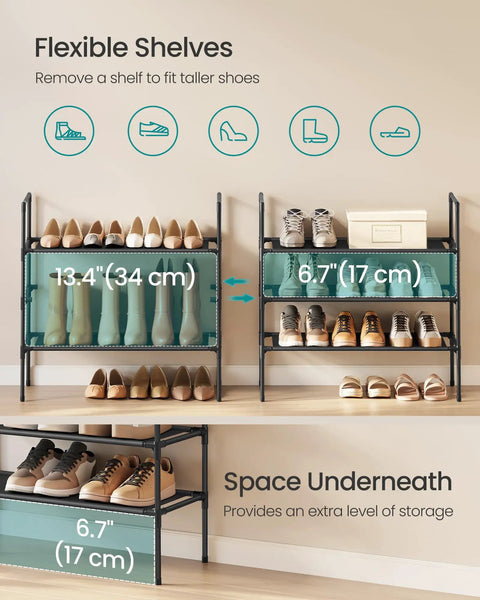 Three-Tier Shoe Rack Organizer For Hallways And Closets, Slim Space-Saving Metal Frame With Durable Non-Woven Fabric Shelves, Black Finish