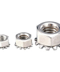 Three sizes of Badass 304 Stainless Steel K Type Lock Nuts, hex threaded for heavy-duty use in hot rods and garage builds.