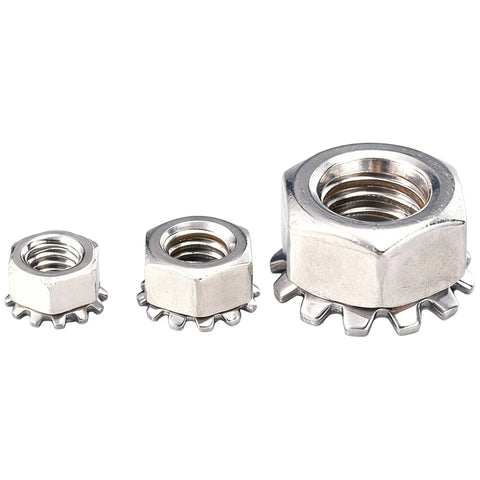 Three sizes of Badass 304 Stainless Steel K Type Lock Nuts, hex threaded for heavy-duty use in hot rods and garage builds.