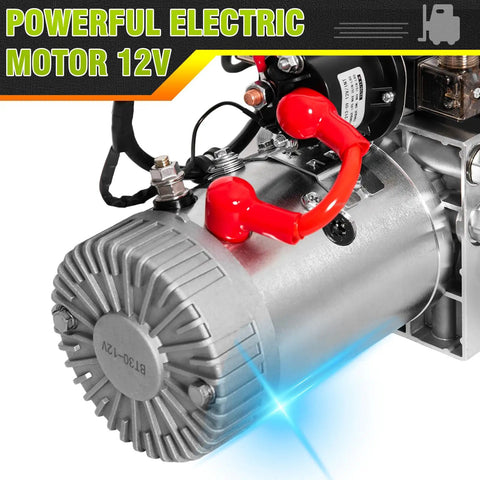 12V Hydraulic Pump For Dump Trailers And Car Lifting, Double Acting Electric Power Unit, heavy-duty motor close-up