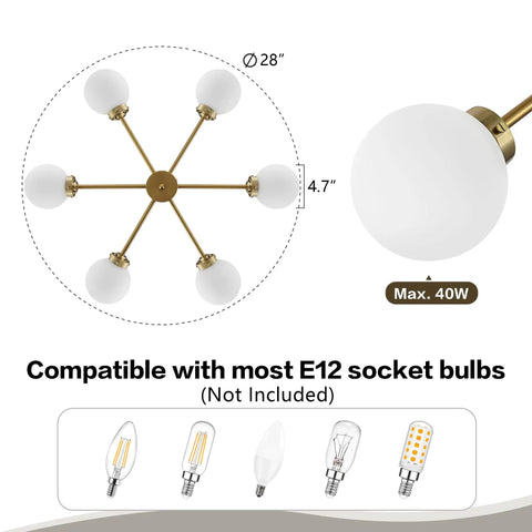 Six Light Sputnik Modern Pendant Chandelier With Opal White Glass Globes Height Adjustable Features and Dimensions