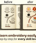DIY Embroidery Stitch Book Kit With 106 Illustrated Stitches showing before and after embroidery patterns and tutorials.