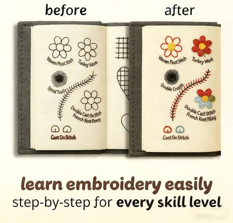 DIY Embroidery Stitch Book Kit With 106 Illustrated Stitches showing before and after embroidery patterns and tutorials.
