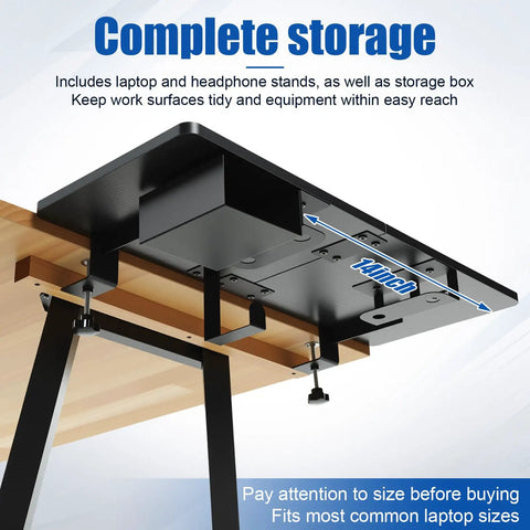 Heavy Duty Under Desk Extender Tray 30 By 12 Inches With Slick Side Storage Rack And Hidden Cable Management A Total Office Rig Game Changer For Your Ultimate Home Setup In Black showing laptop and headphone stands.