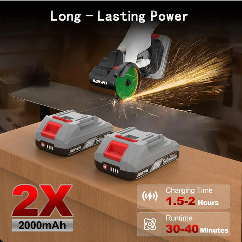 3 Inch Cordless Brushless Angle Grinder with LED Light, Dual 20V 2.0Ah Batteries, sparks flying during cutting process
