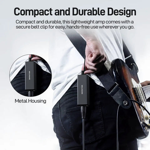 Wired In-Ear Monitor Amplifier With XLR And TRS Inputs, Mono And Stereo Modes, clipped to musician's belt for portability.