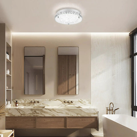 Crystal Flush Mount Ceiling Light With K9 Crystals, Dimmable 18W LED, 11 Inch Modern Fixture in elegant bathroom setting