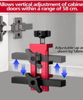 Adjustable Cabinet Door Installer Tool With Removable Base And Aluminum Alloy Construction, shown adjusting cabinet door height by 58mm.