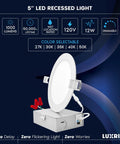 Ultra Thin 5 Inch LED Recessed Light With Junction Box 12W Dimmable Wafer Downlight 5 CCT Color Selectable on dark blue background