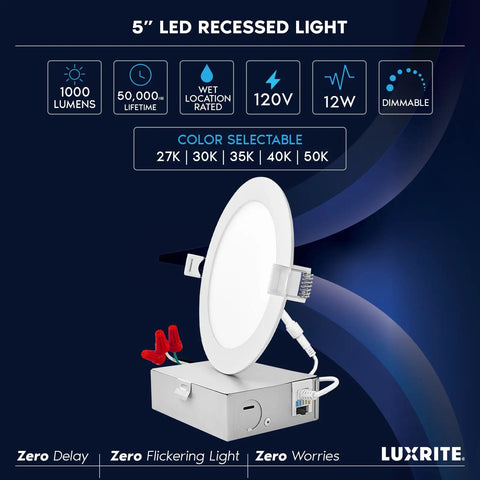 Ultra Thin 5 Inch LED Recessed Light With Junction Box 12W Dimmable Wafer Downlight 5 CCT Color Selectable on dark blue background