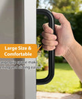 Two Pack Black Stainless Steel Barn Door Handles Hardware 11 Inch Long Heavy Duty Sliding Door Pulls For Exterior And Interior Use Rust Proof And Durable With Wide Base And Secure Four Screw Mounting with hand gripping handle.