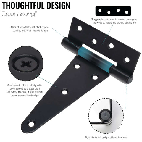 6 Inch T Strap Gate Hinges Tough As Nails Heavy Duty Barn Door Hardware For Shed Fence Yard Gate Black Powder Coated Iron Rustproof 2 Pack Long Lasting Durable And Easy Install with countersunk holes and tight pin for left or right applications.