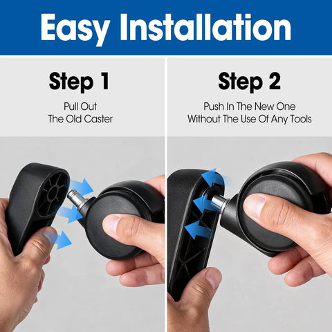 Heavy Duty Two Inch Office Chair Wheels Set Of Fifteen Smooth Rolling Casters Quick swap guide showing easy installation steps.