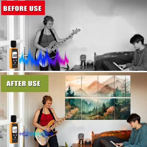 Before and after sound test with Peel And Stick Watercolor Mountain Forest Acoustic Panels, showing sound reduction in a music room.