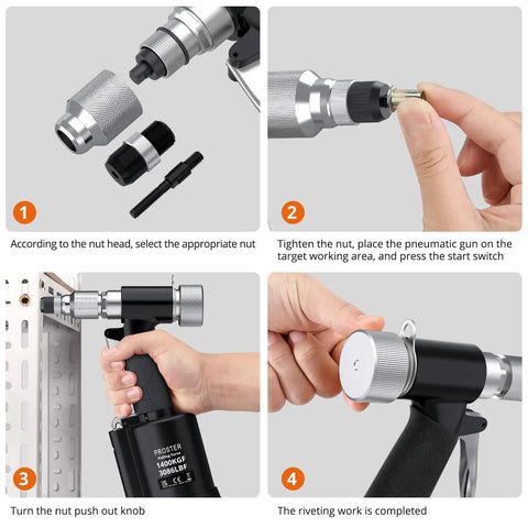 Your Go To Heavy Duty Pneumatic Hydraulic Rivet Nut Set Kit With Eight Mandrels shown in use on metal panel for DIY projects.