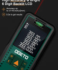 Laser Distance Meter With 393 Feet Range, Digital Backlit LCD, 6-Digit Display, showing measurements and bubble level