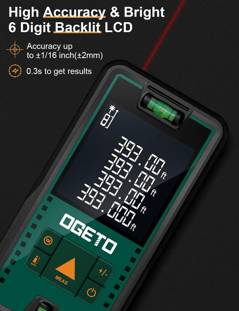 Laser Distance Meter With 393 Feet Range, Digital Backlit LCD, 6-Digit Display, showing measurements and bubble level