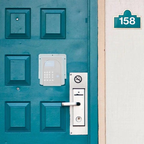 Waterproof Doorbell Rain Cover For Time Attendance And Fingerprint Devices PVC Protective Weatherproof Cover No Fuss Easy Install Keeps Rain And Snow Off Electronics And Components In Outdoor Settings on blue door