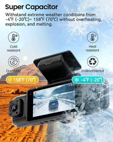 Four Channel Dash Cam With 360 Degree View And 1080P Front, Rear, Interior And Side Cameras For Cars, snow and heat tolerance display.
