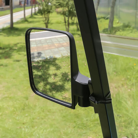 Close-up of Universal Folding Golf Cart Side Mirrors With No Drill Install Roof Bracket mounted on a round tube with green lawn view