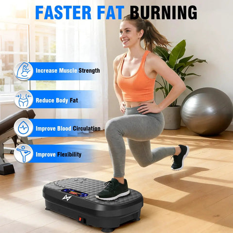 Vibration Plate Exercise Machine For Full Body Training And Muscle Activation Fitness Platform used by a woman doing lunges at home.