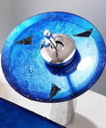 Cool Black Blue Glass Vessel Sink With Waterfall Faucet And Drain Oval Boat Shape Above Counter Modern Tempered Glass Bathroom Sink Artistic Glass Wash Basin For Contemporary Bathrooms showing the waterfall faucet detail.