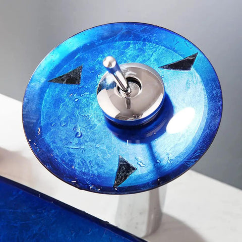 Cool Black Blue Glass Vessel Sink With Waterfall Faucet And Drain Oval Boat Shape Above Counter Modern Tempered Glass Bathroom Sink Artistic Glass Wash Basin For Contemporary Bathrooms showing the waterfall faucet detail.