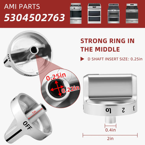 Frigidaire Gas Range Stove Knobs Replacement Kit showing universal ABS control knob with dimensions and D shaft insert size
