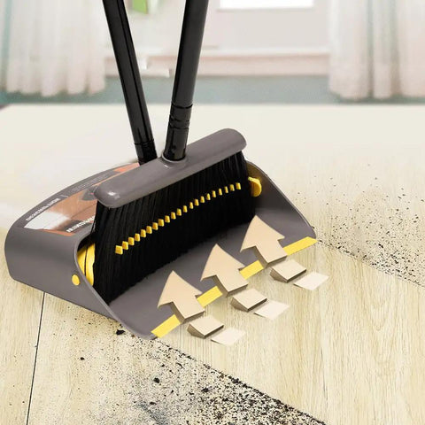 Heavy Duty Standing Broom And Dustpan Combo Set With Adjustable Long Handle Upright Floor Cleaner No More Bending For Kitchen Indoor Commercial Daily Cleanups close-up of broom and dustpan on floor