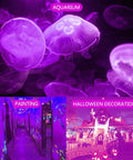 Aquarium jellyfish and glowing Halloween decorations lit by 60W LED Black Light Flood Light With Plug And 6ft Cord, Two Pack