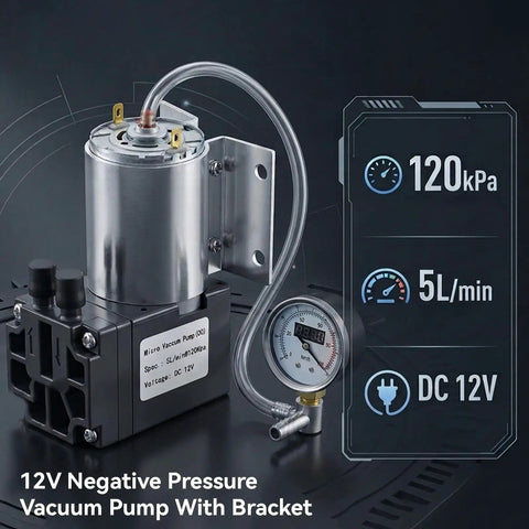 12V DC Mini Vacuum Pump Featuring Dead Quiet Diaphragm Design And Integrated Suction Holder For Aquariums Coffee Makers And Smart Home Automation Projects Delivering Smooth Operation And Knocks Out Negative Pressure Jobs in silver with specifications.