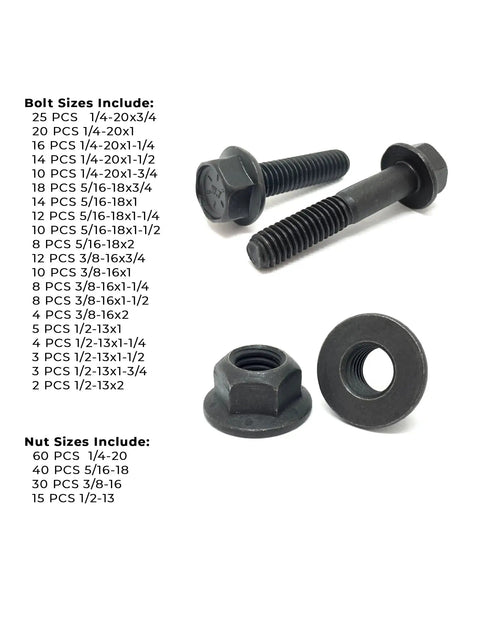 Heavy Duty Grade 8 Hex Cap Flange Bolts With Black Phosphate Finish And Locking Nuts, 352-Piece Frame Bolts On Display