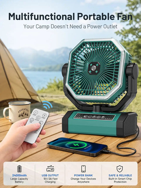 Person using remote to control Beast Mode Portable Rechargeable Camping Fan With 9 Inch Blade 24000mAh Battery on table