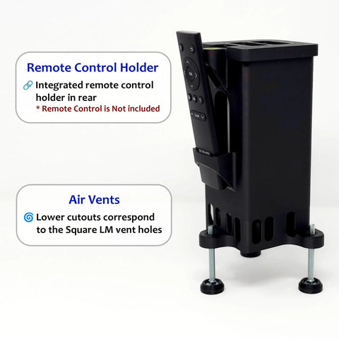 Black adjustable leveling protective case with polycarbonate shield for golf launch monitor, remote holder, and vent holes visible.