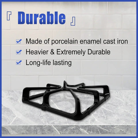 Gas Stove Burner Grate Replacement Set 8.5 By 8.5 Inches Cast Iron For GE Ranges Built To Last Durable Cast Iron Grate Pack Of 4 Replacement Parts Replaces 770157 AH244198, matte black, porcelain finish, stacked set on marble counter
