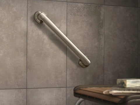 Genta Brushed Nickel 18 Inch Bathroom Grab Bar ADA Compliant with Non Slip Grip Pad 1.25 Inch Diameter on tiled wall