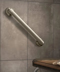 Heavy Duty Shower Seat With Built In Storage For Bathrooms, Adjustable Height, stainless finish, visible with grab bar