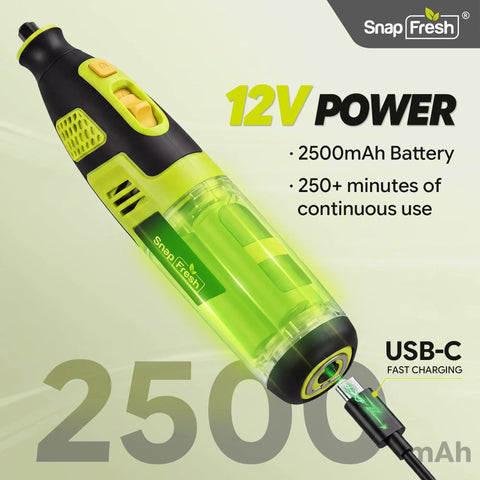 Close up of Badass 12V Cordless Rotary Tool Kit with 2500mAh battery and USB-C charging feature for DIY projects.