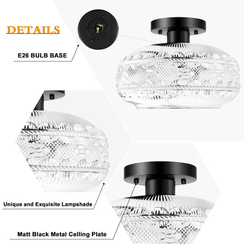 Vintage Black Globe Glass Ceiling Light Fixture, Semi Flush Mount For Hallways, Kitchens, Entryways And Bathrooms, Matte Black Base, Rustic Farmhouse Pendant Lamp Style, Globe Glass Light, Bulb Not Included, shown with unique hand-blown glass shade and E26 bulb base.