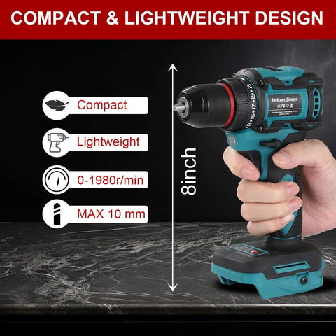 Powerful 18V Cordless Drill Driver With 354 In-Lbs Max Torque, 3-8 Inch Keyless Chuck, held in hand, compact design