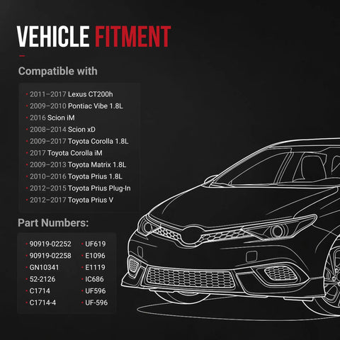 Illustration showing vehicle fitment details for Premium Ignition Coil Pack Set Of Four Straight Plug And Play No Drama Tune Up Cures Rough Idle Fits Lexus Scion Pontiac Corolla Vibe Ct200h Replaces 90919.