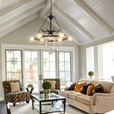 Living room with Wagon Wheel Chandelier 9 Light Black Farmhouse Industrial Metal Pendant Light With Crystal Accents