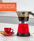 Kickstart Your Day With This Dope Compact Electric Espresso Coffee Maker Featuring A Seriously Cool Touch Handle And Versatile 3 6 Cup Capacity For Quick Perky Shots In Bold Red with BPA-free carafe.