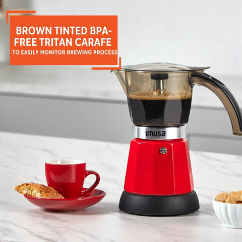 Kickstart Your Day With This Dope Compact Electric Espresso Coffee Maker Featuring A Seriously Cool Touch Handle And Versatile 3 6 Cup Capacity For Quick Perky Shots In Bold Red with BPA-free carafe.