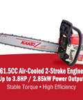 Close-up of gas chainsaw with 61.5cc 2-stroke engine, featuring Germany steel chain and precision bar for tree cutting.