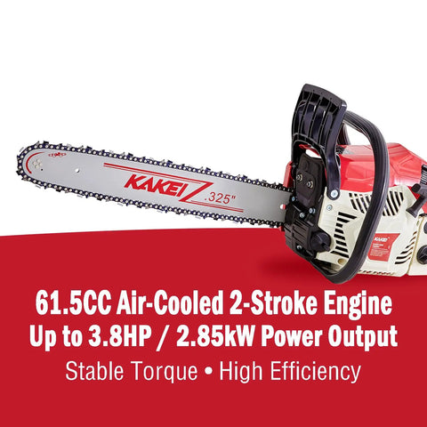 Close-up of gas chainsaw with 61.5cc 2-stroke engine, featuring Germany steel chain and precision bar for tree cutting.