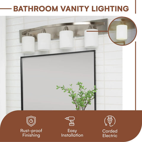 Bathroom Vanity Light Fixture Over Mirror In Oil Rubbed Bronze With Milk Glass Shades Four Light Interior Lighting Bar
