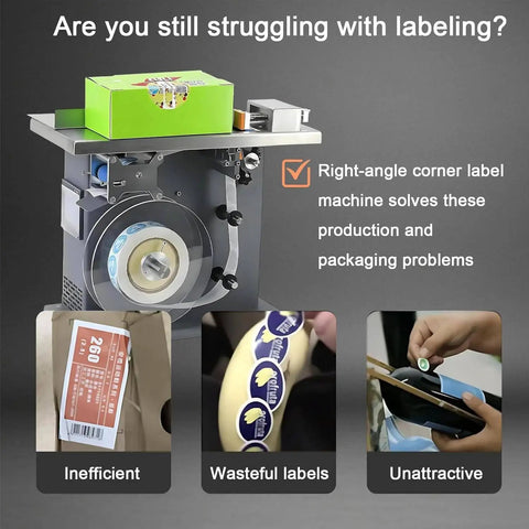 Premium Semi-Automatic Corner Labeling Machine With Digital Touch Screen And Automatic Centering, showing label application process.