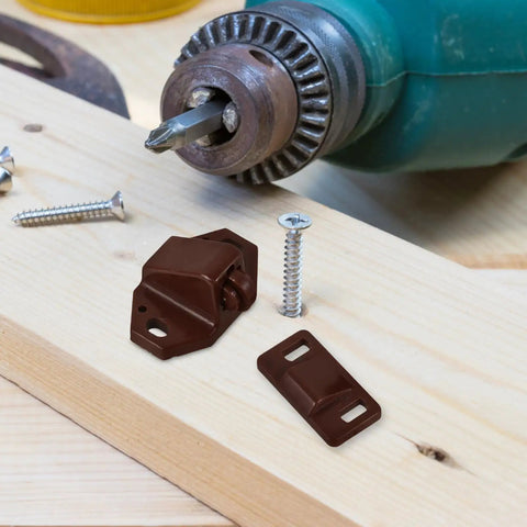 20 Pack Plastic Ball Catch Latches For Cabinets And Cupboards with screws and drill on wood surface