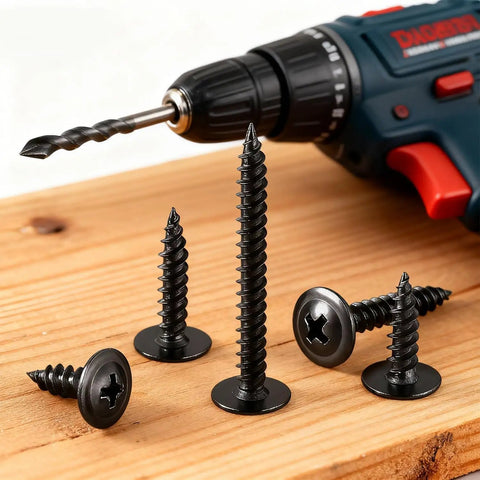 180 Piece Tough As Nails Bundle Of Black Carbon Steel Self Tapping Screws With Phillips Truss Heads on wood with a drill.